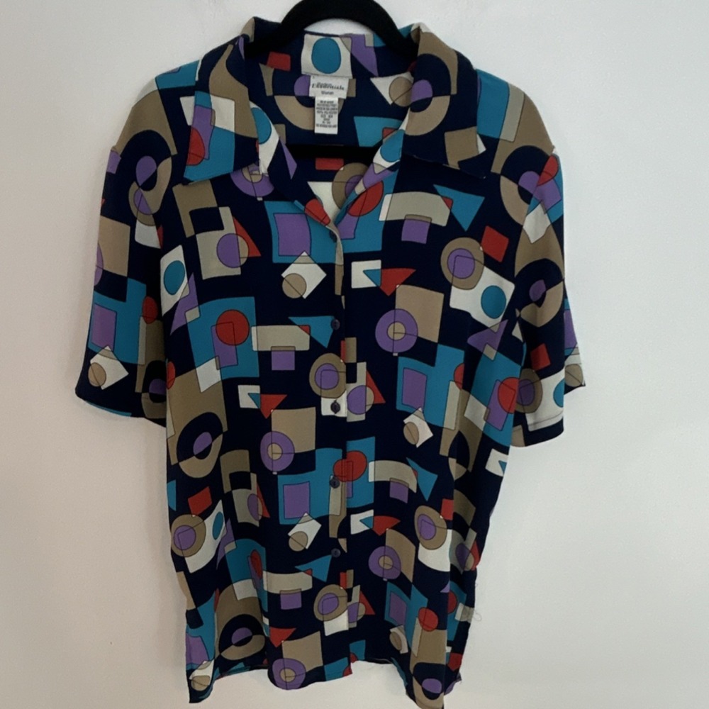 Modern Essentials Multicolor Geometric Button-Up Blouse Plus 16W Polyester‎